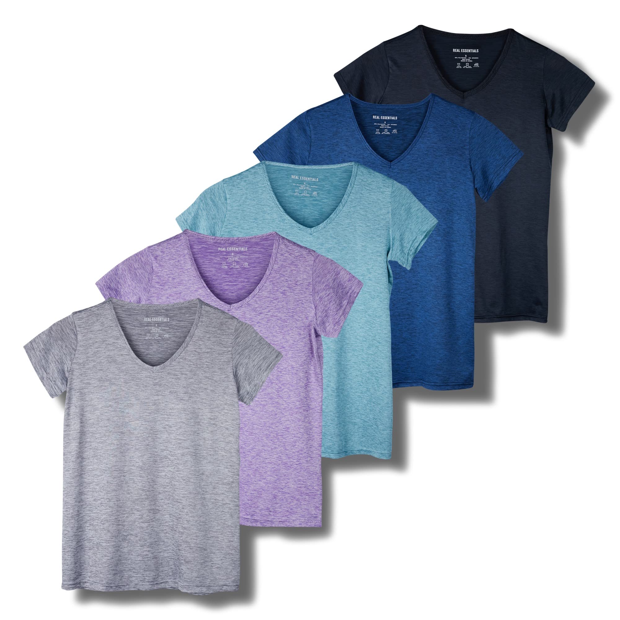 Real Essentials 5 Pack Women’s Short Sleeve V-Neck Workout T-Shirts – Athletic Gym Fitness Pilates Plus Size Active Tees, Set 1, L