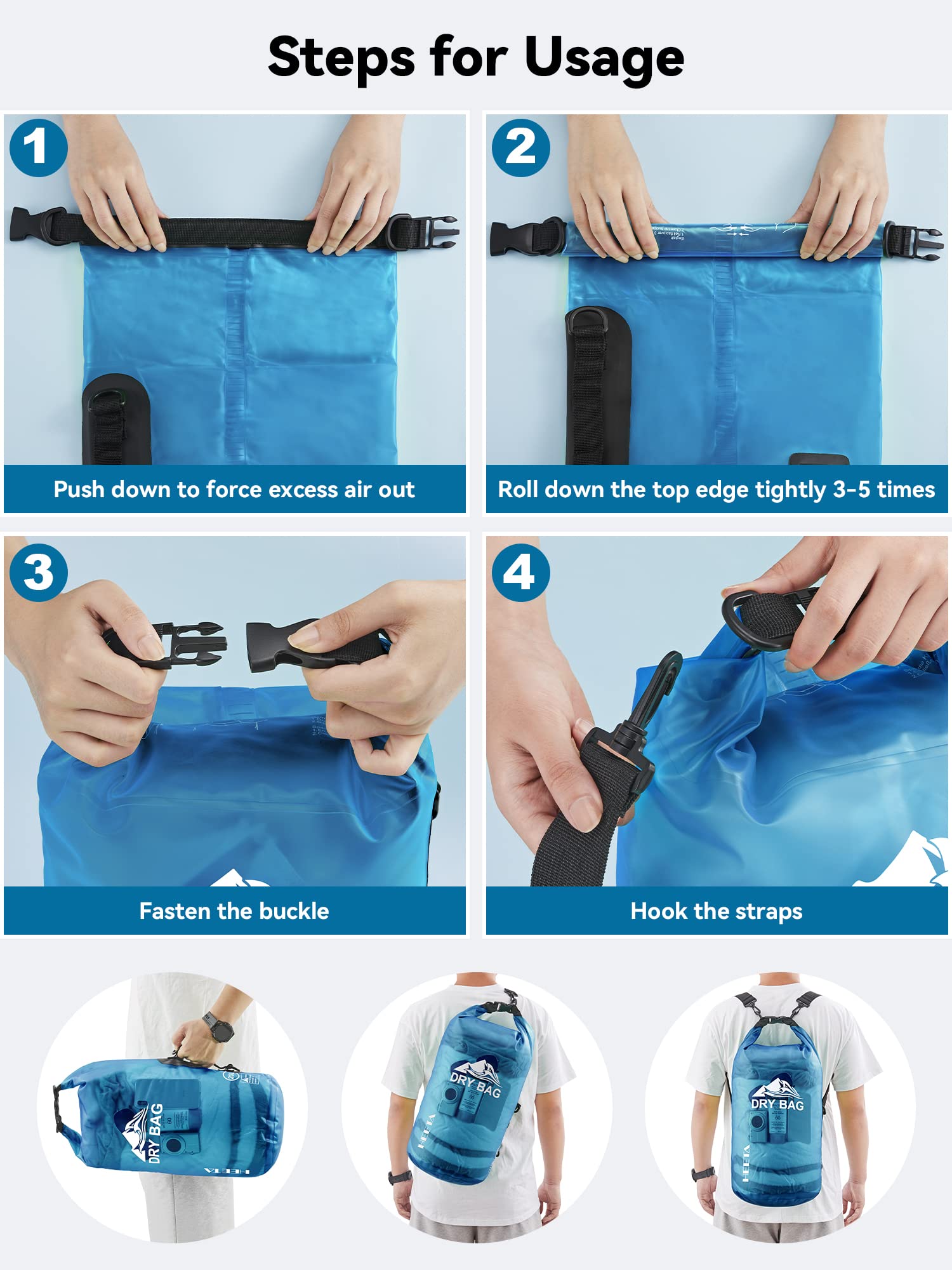 HEETA Dry Bag Waterproof for Women Men, Roll Top Lightweight Dry Storage Bag Backpack with Phone Case for Travel Swimming Boating Kayaking Paddle Board Camping Beach Accessories (Transparent Blue, 5L)