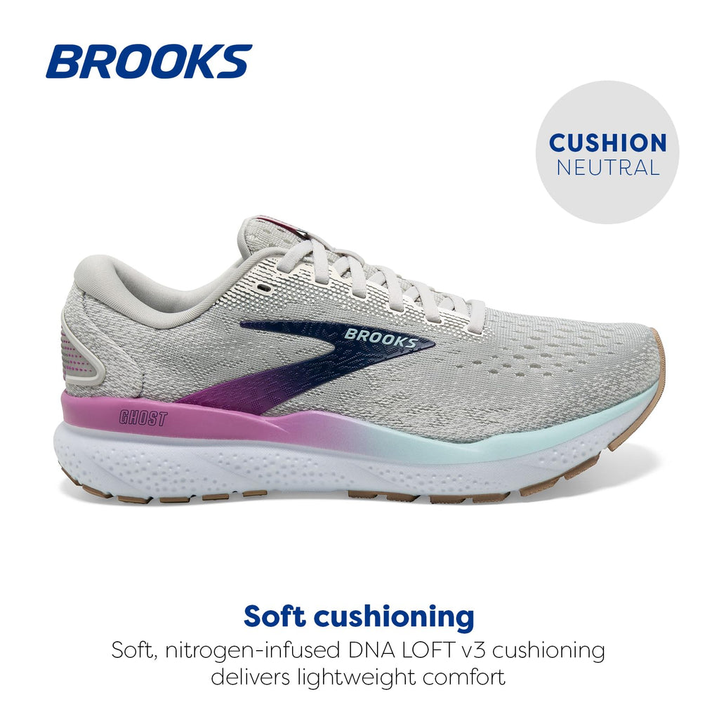 Brooks Women’s Ghost 16 Neutral Running Shoe - White/Grey/Estate Blue - 9 Medium