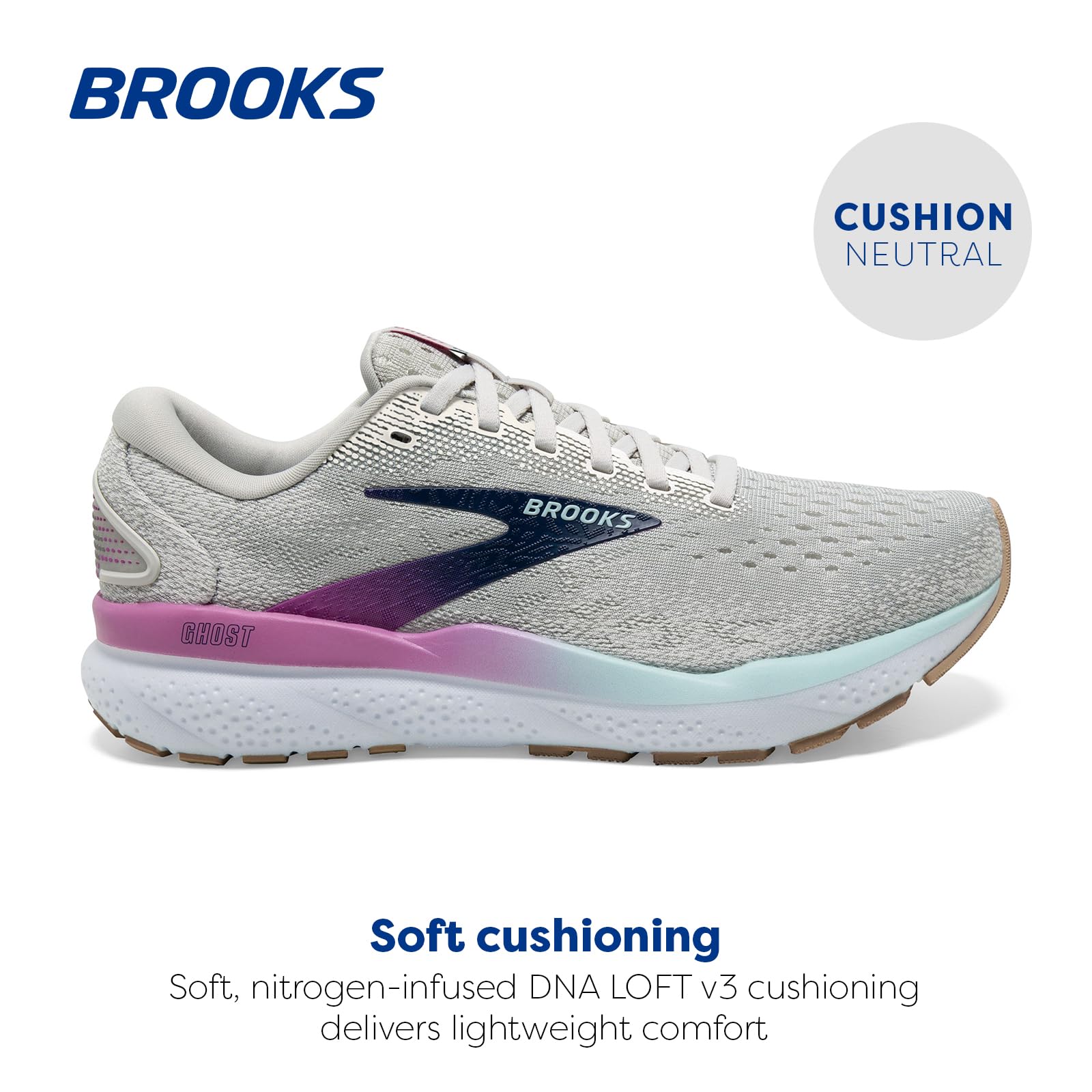 Brooks Women’s Ghost 16 Neutral Running Shoe - White/Grey/Estate Blue - 9 Medium