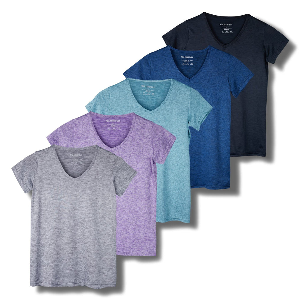 Real Essentials 5 Pack Women’s Short Sleeve V-Neck Workout T-Shirts – Athletic Gym Fitness Pilates Plus Size Active Tees, Set 1, L