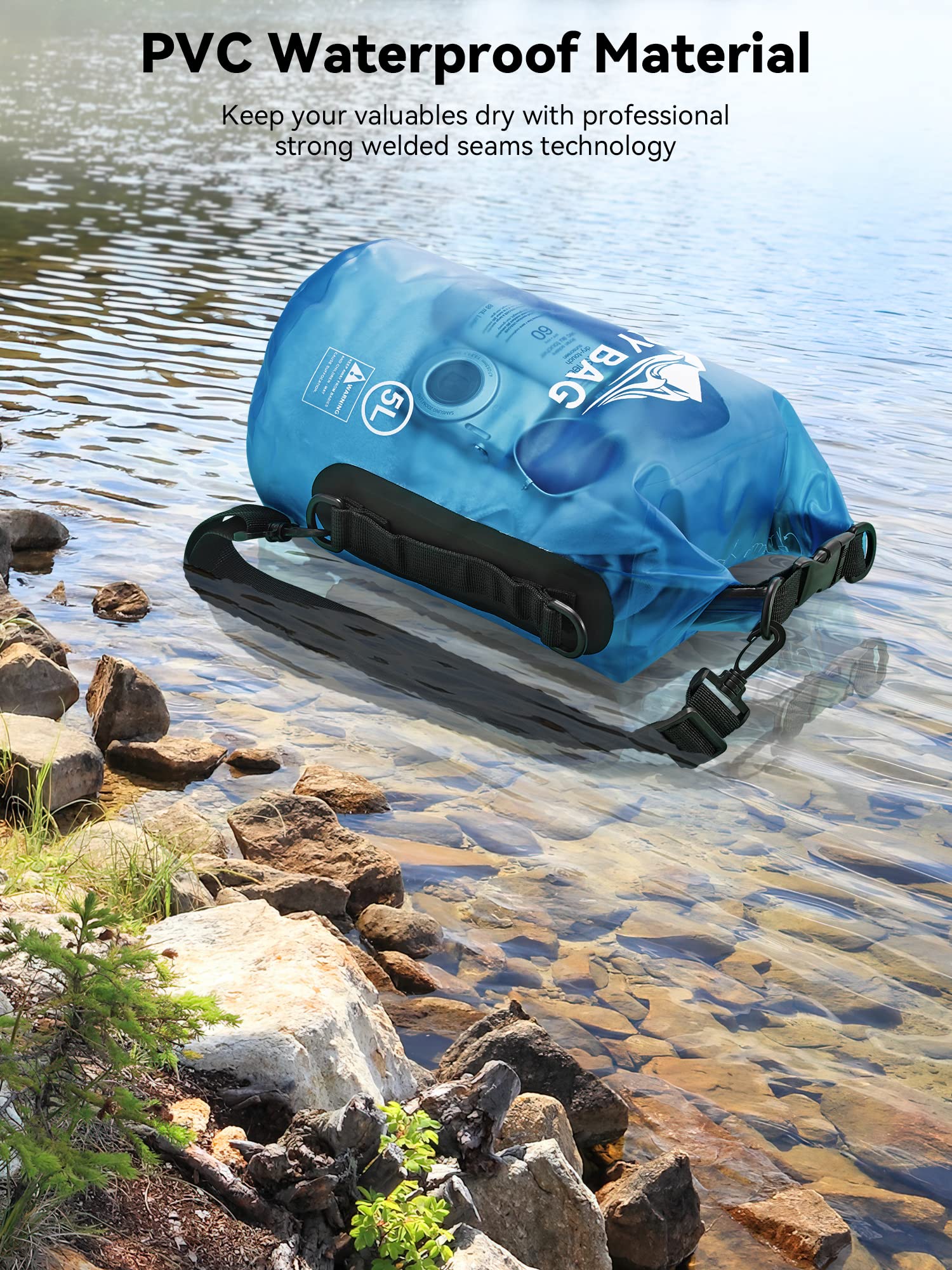 HEETA Dry Bag Waterproof for Women Men, Roll Top Lightweight Dry Storage Bag Backpack with Phone Case for Travel Swimming Boating Kayaking Paddle Board Camping Beach Accessories (Transparent Blue, 5L)