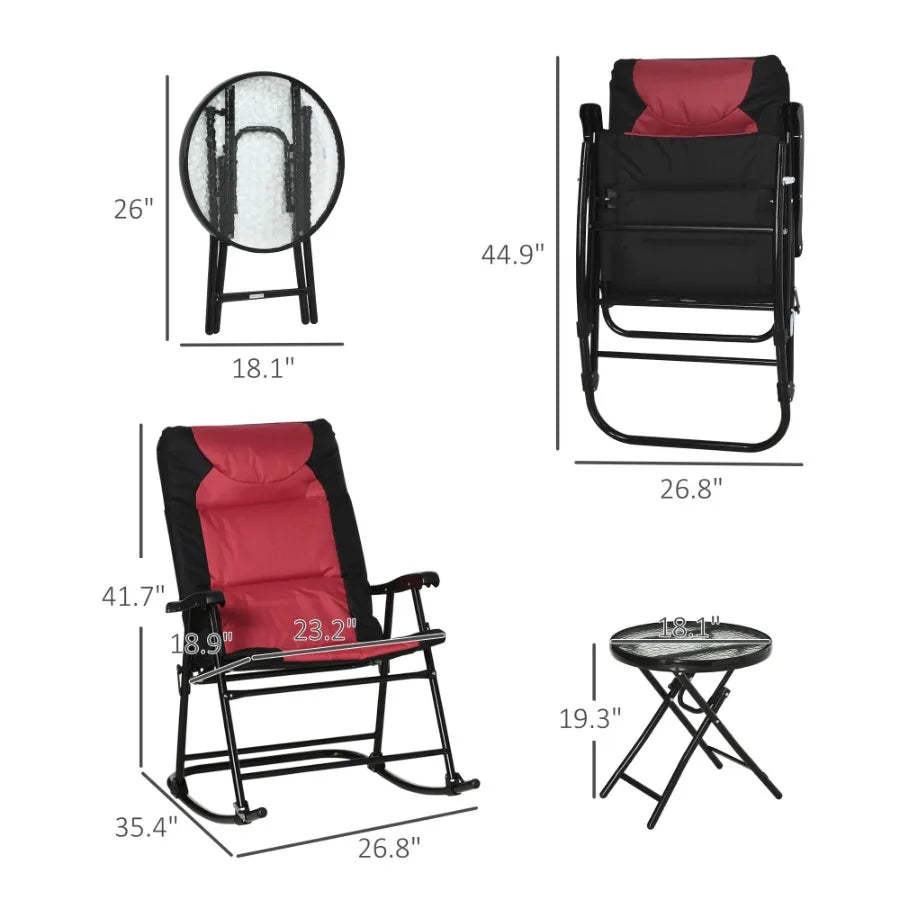 3 Piece Outdoor Patio Furniture Set with Glass Coffee Table 2 Folding Padded Rocking Chairs Bistro Style for Porch Camping Bal