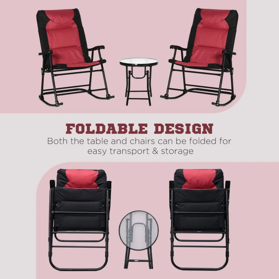 3 Piece Outdoor Patio Furniture Set with Glass Coffee Table 2 Folding Padded Rocking Chairs Bistro Style for Porch Camping Bal