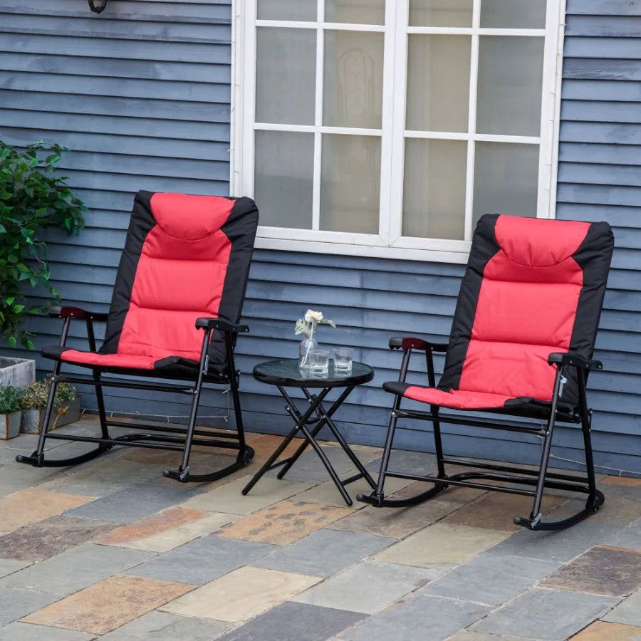 3 Piece Outdoor Patio Furniture Set with Glass Coffee Table 2 Folding Padded Rocking Chairs Bistro Style for Porch Camping Bal