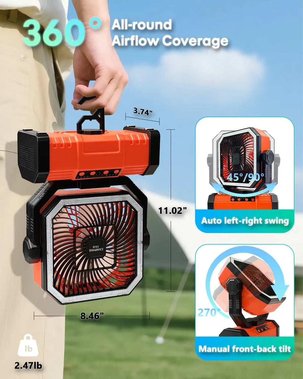 20000mAh Portable Camping FanRechargeable Battery Operated Oscillating Camp Tent Fan With Bluetooth Speaker 4 Speeds LED lights