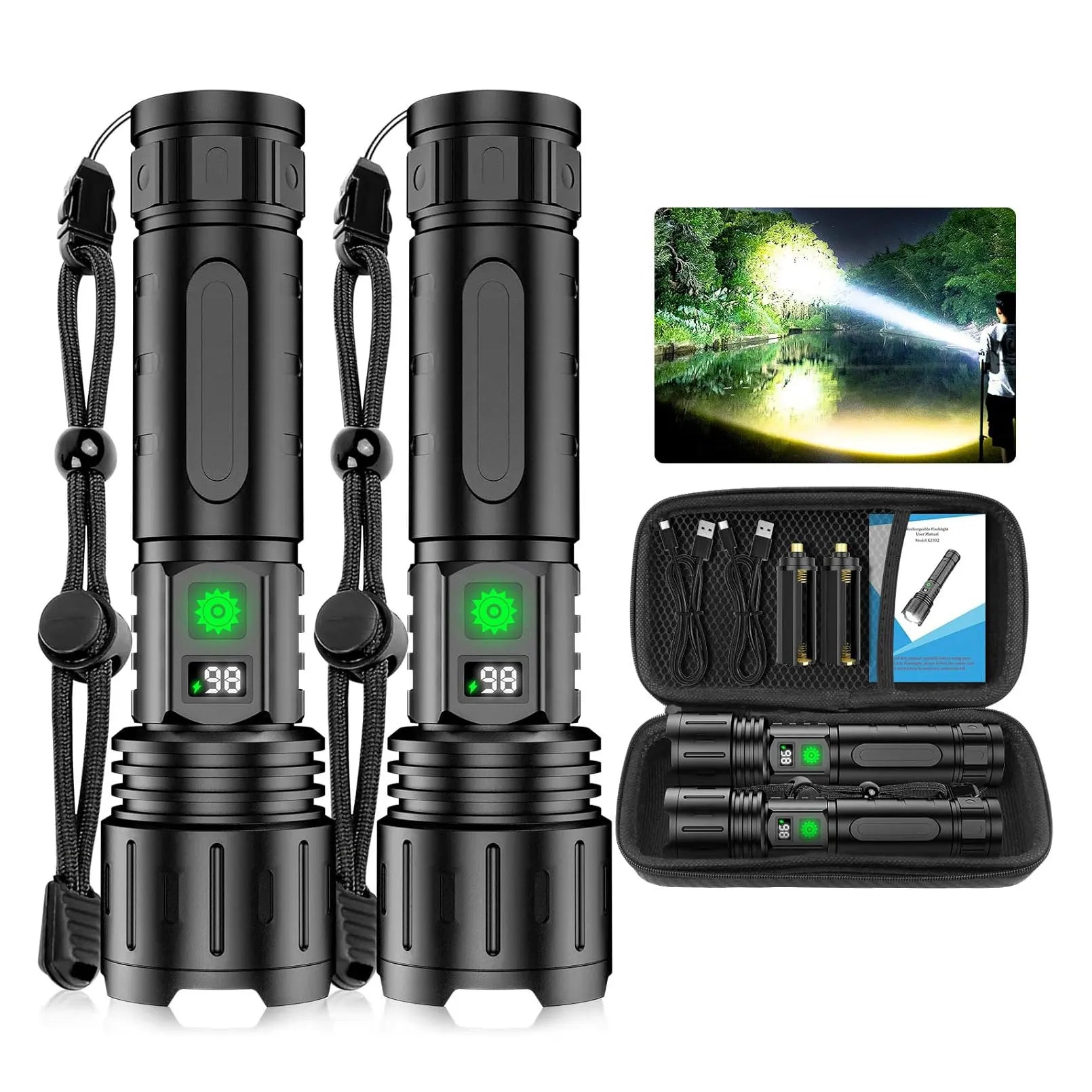 2pcs Super Bright LED Flash Light with Power Display & for Camping, 20H Runtime,5 Modes,Zoomable Handheld Flashlight