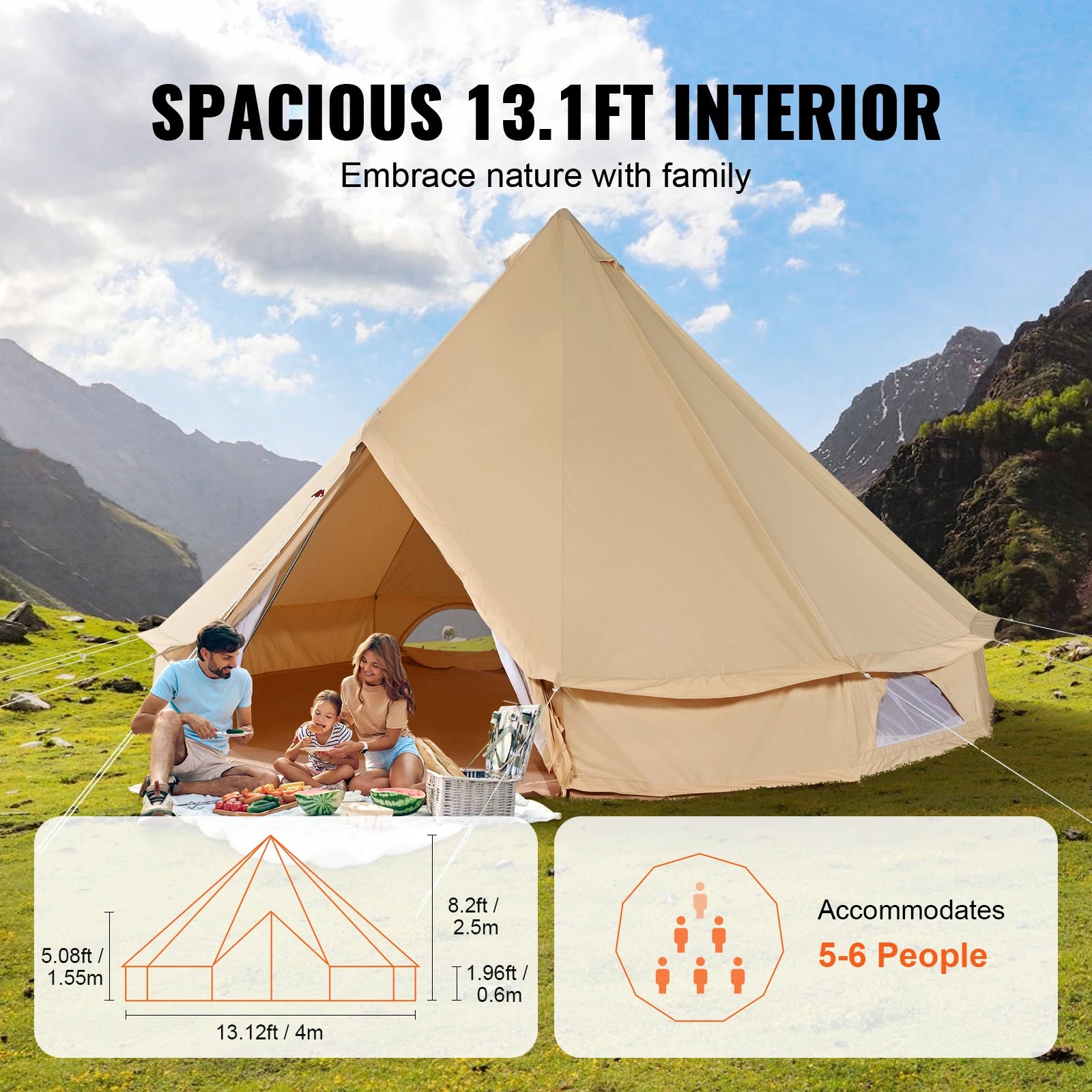 SucceBuy Canvas Bell Tent 4 Seasons 13.12 ft Yurt Tent Canvas Tent for Camping with Stove Jack Breathable Tent Holds 6 People