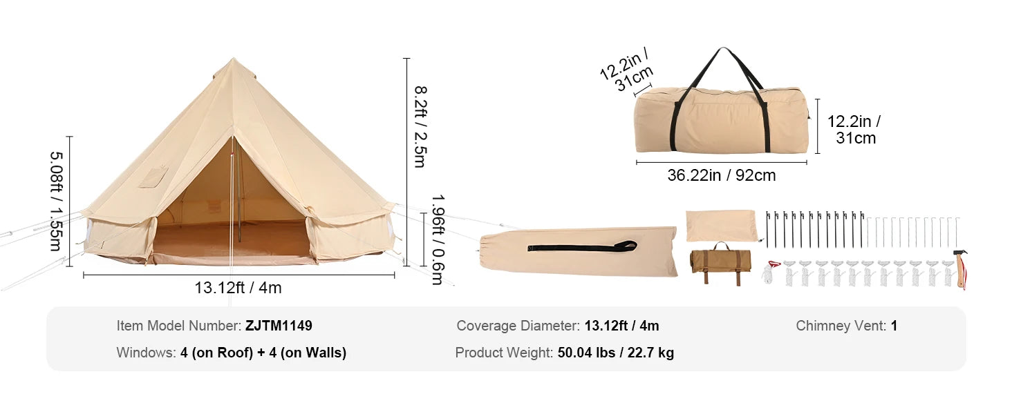 SucceBuy Canvas Bell Tent 4 Seasons 13.12 ft Yurt Tent Canvas Tent for Camping with Stove Jack Breathable Tent Holds 6 People