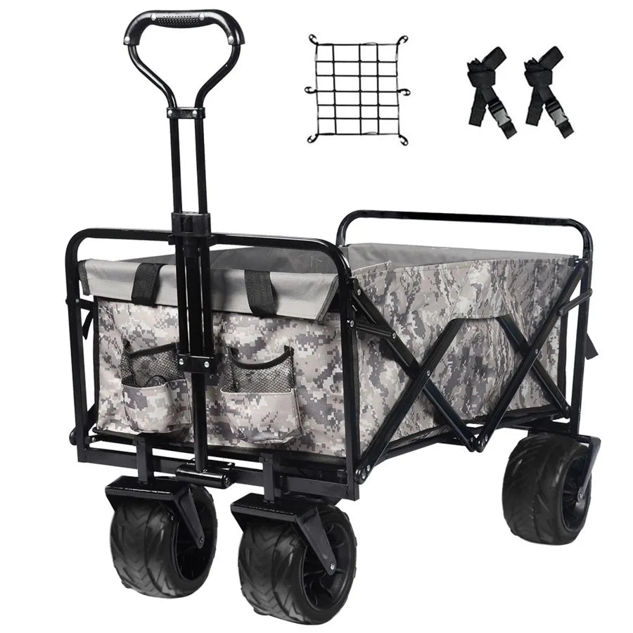 Collapsible Heavy Duty Beach Wagon Cart Outdoor Folding Utility Camping Garden Beach Cart with Universal Wheels Adjustable Hand