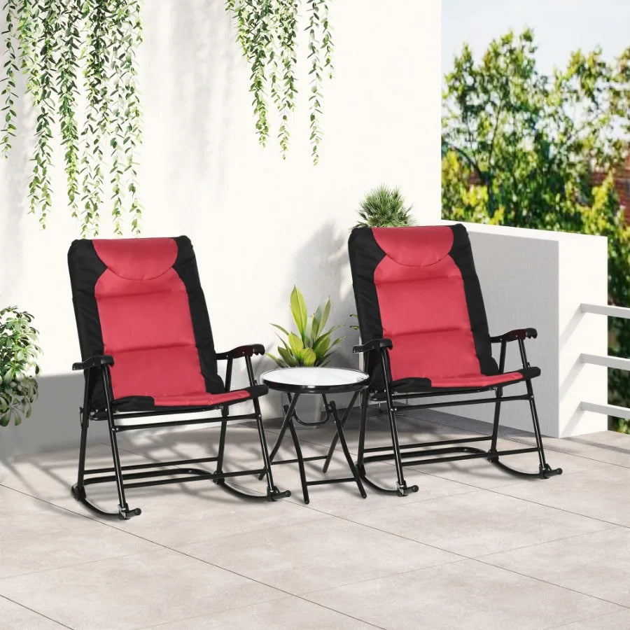 3 Piece Outdoor Patio Furniture Set with Glass Coffee Table 2 Folding Padded Rocking Chairs Bistro Style for Porch Camping Bal