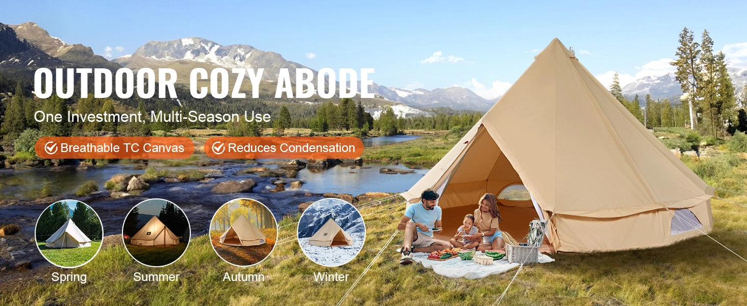 SucceBuy Canvas Bell Tent 4 Seasons 13.12 ft Yurt Tent Canvas Tent for Camping with Stove Jack Breathable Tent Holds 6 People