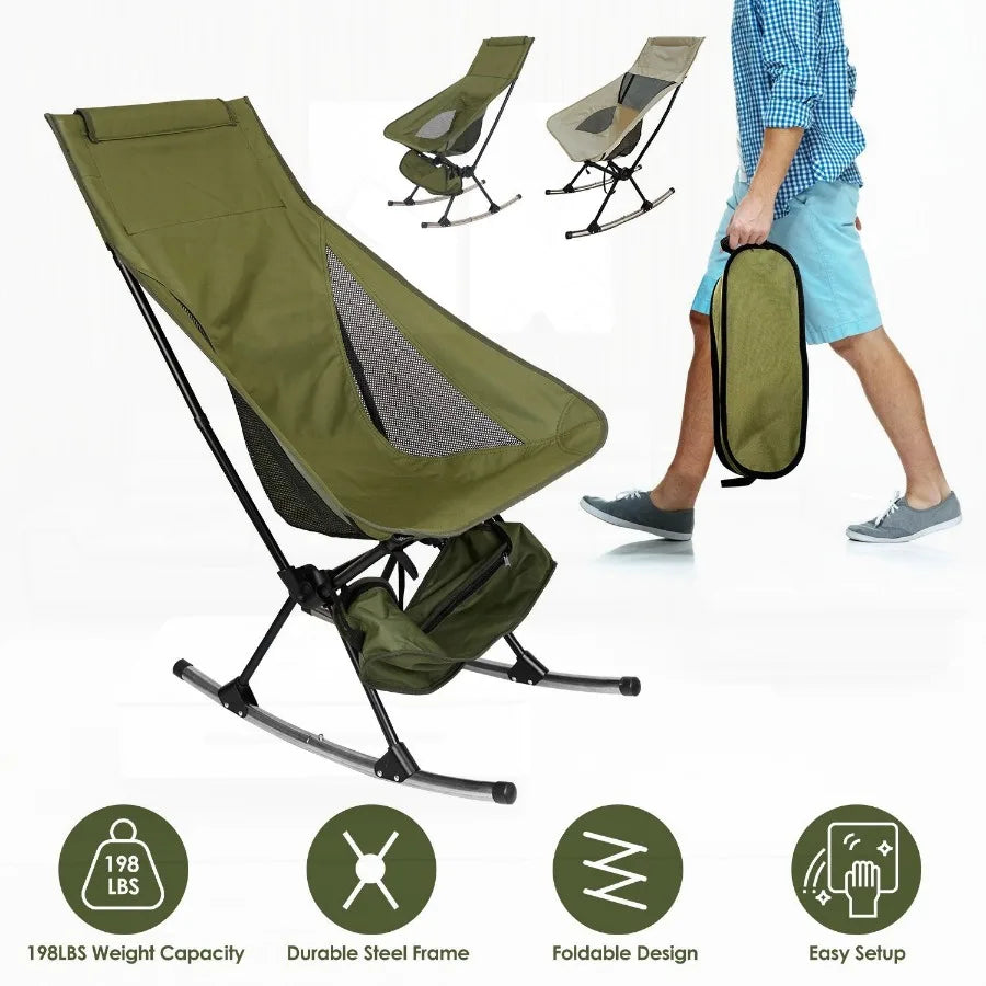 Portable Camping Rocking Chair 198LBS Weight Capacity Included Carry Bag High Back Rocker Chair For Patio Fishing Beach Lawn Tr