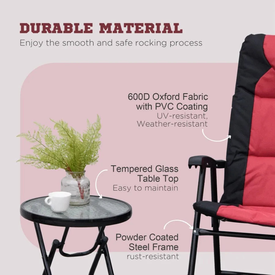 3 Piece Outdoor Patio Furniture Set with Glass Coffee Table 2 Folding Padded Rocking Chairs Bistro Style for Porch Camping Bal