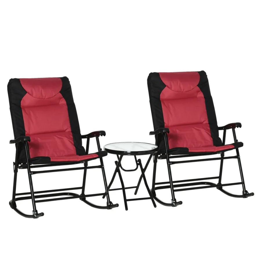3 Piece Outdoor Patio Furniture Set with Glass Coffee Table 2 Folding Padded Rocking Chairs Bistro Style for Porch Camping Bal