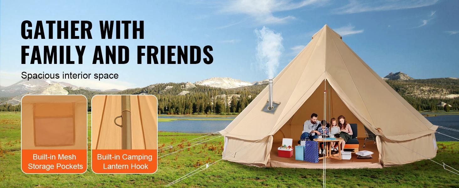 SucceBuy Canvas Bell Tent 4 Seasons 13.12 ft Yurt Tent Canvas Tent for Camping with Stove Jack Breathable Tent Holds 6 People