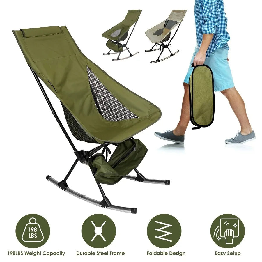 Portable Camping Rocking Chair 198LBS Weight Capacity Included Carry Bag High Back Rocker Chair For Patio Fishing Beach Lawn Tr