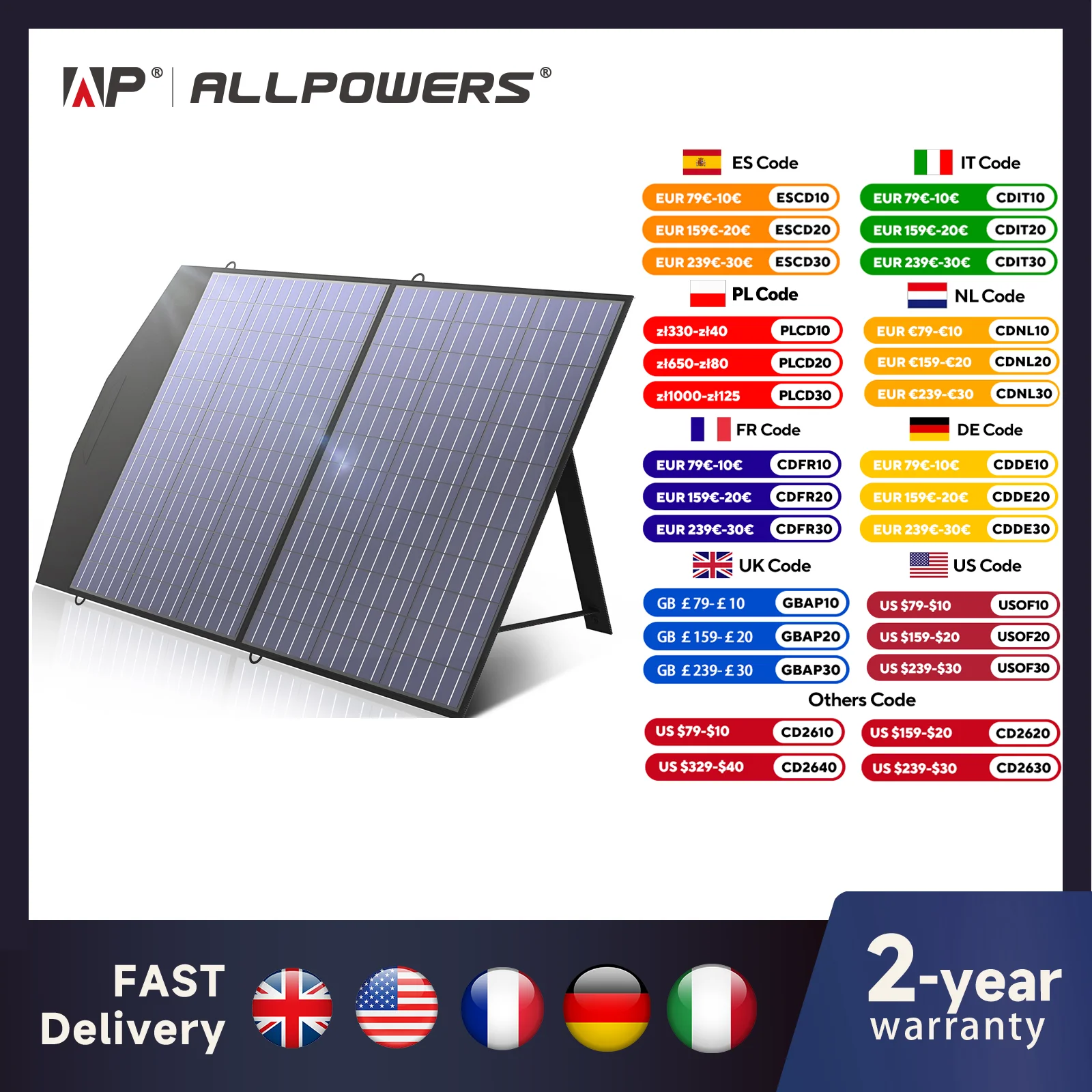 ALLPOWERS 400W / 200W / 140W / 100W / 60W Solar Charger，Portable Waterproof Foldable Solar Panel for Camping RV Garden Roof