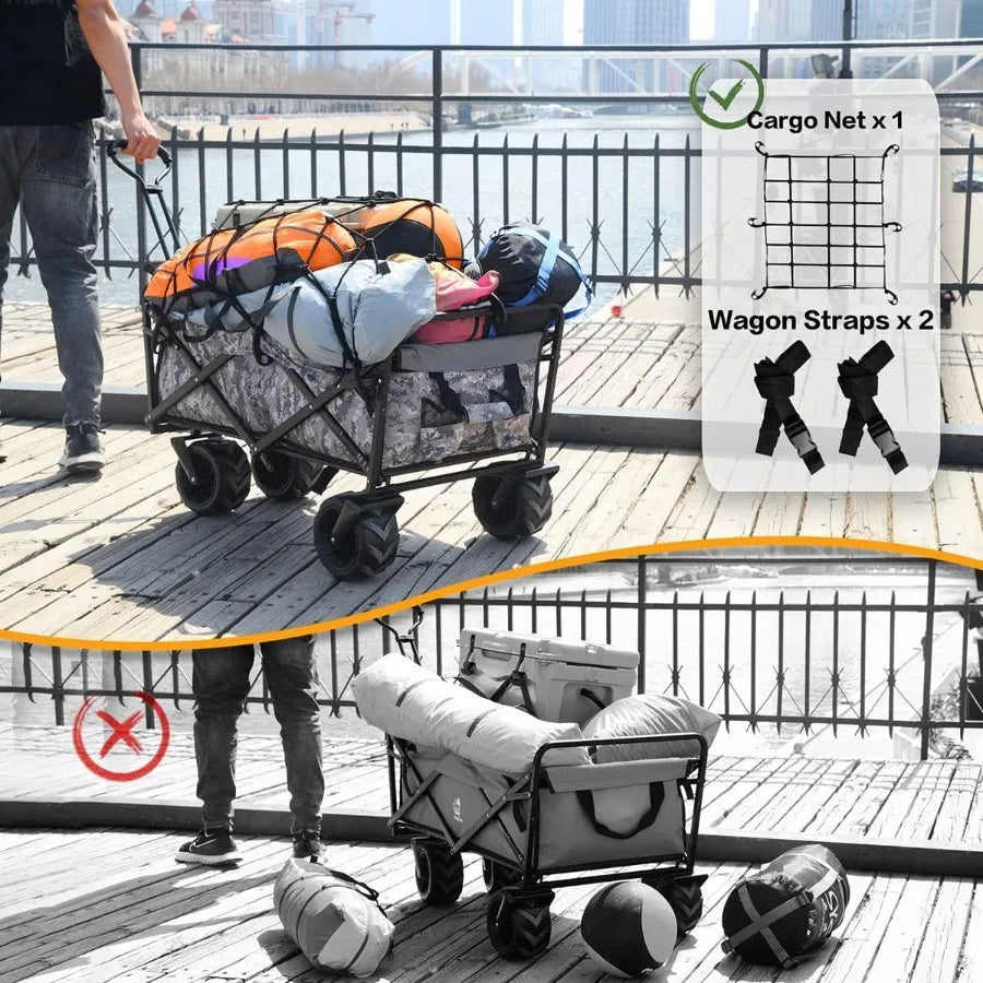 Collapsible Heavy Duty Beach Wagon Cart Outdoor Folding Utility Camping Garden Beach Cart with Universal Wheels Adjustable Hand