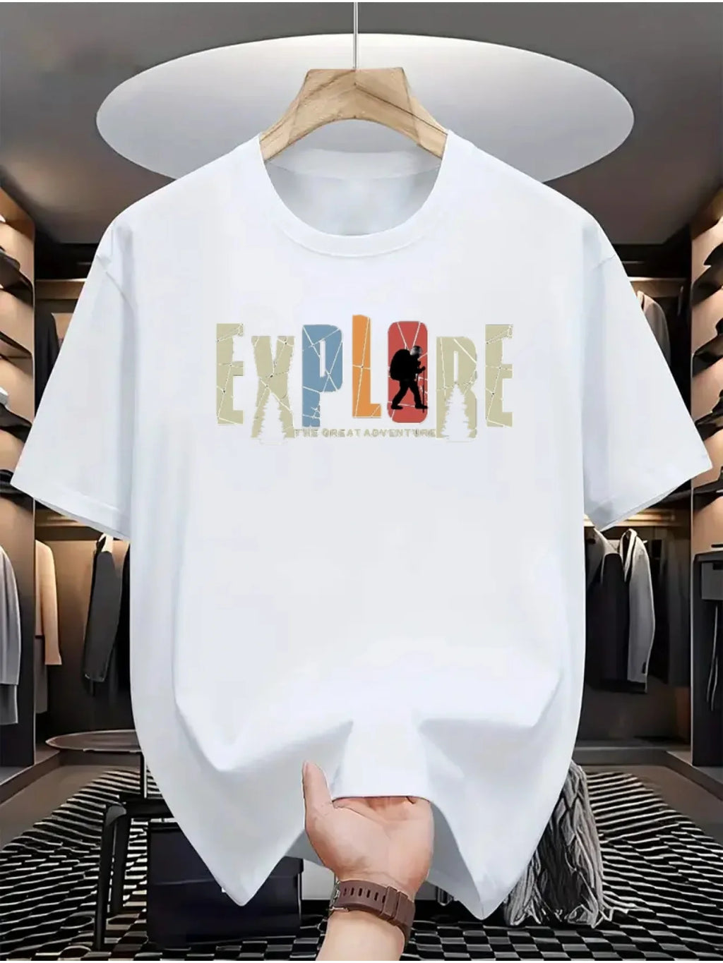 Men's 100% Cotton Graphic T-Shirt - Explore Adventure Hiking Camping Tee with Mountain & Tree Design, Breathable Knit Fabric
