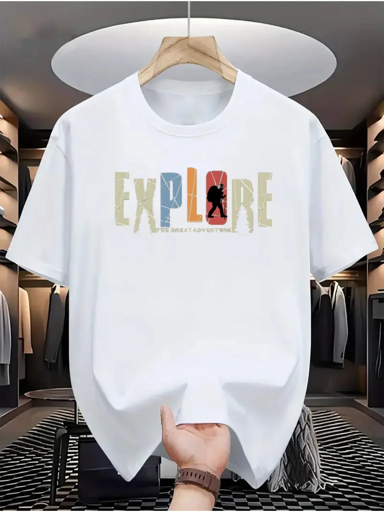Men's 100% Cotton Graphic T-Shirt - Explore Adventure Hiking Camping Tee with Mountain & Tree Design, Breathable Knit Fabric