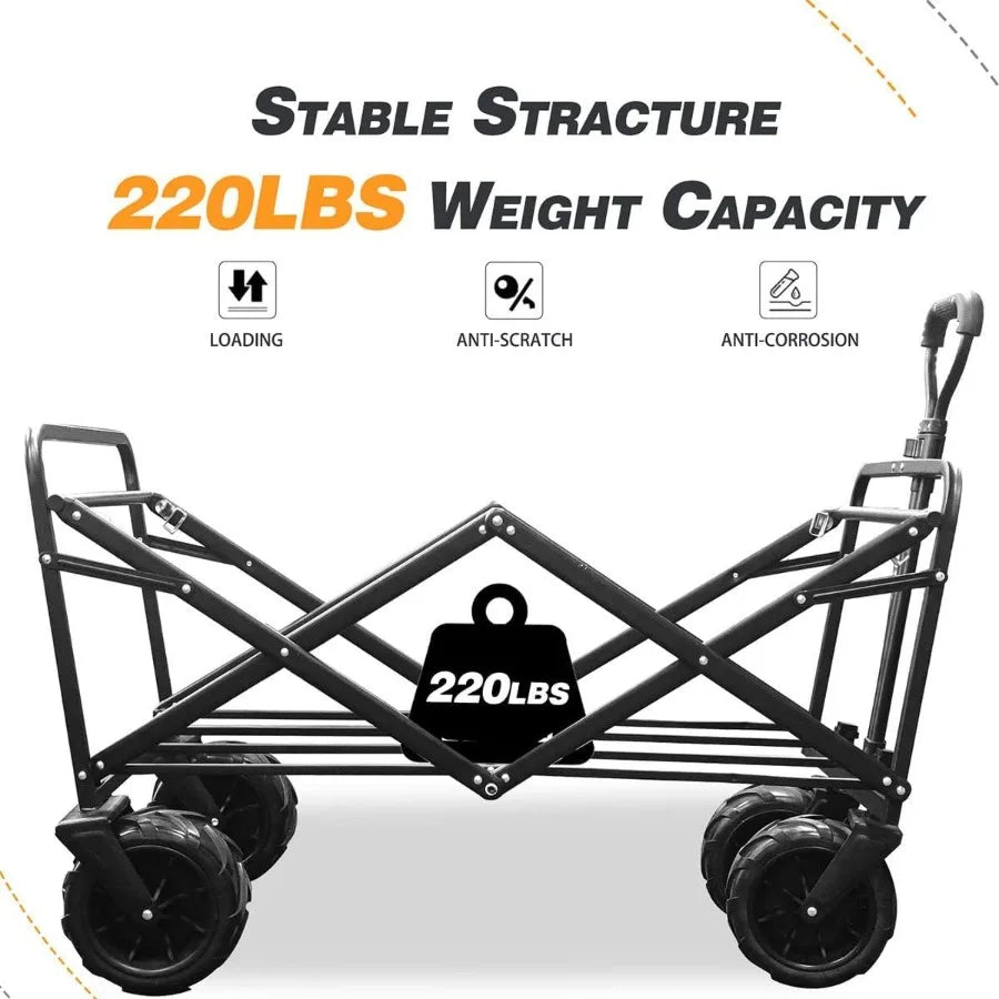 Collapsible Heavy Duty Beach Wagon Cart Outdoor Folding Utility Camping Garden Beach Cart with Universal Wheels Adjustable Hand