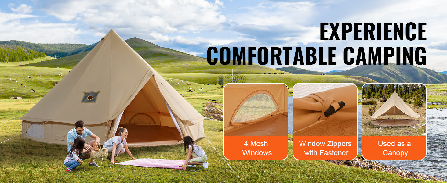 SucceBuy Canvas Bell Tent 4 Seasons 13.12 ft Yurt Tent Canvas Tent for Camping with Stove Jack Breathable Tent Holds 6 People